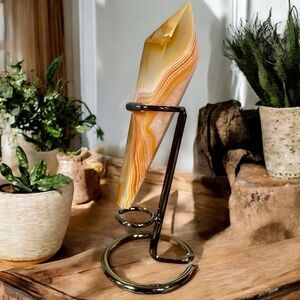 Natural Polished Carnelian Crystal Wand With Metal Stand